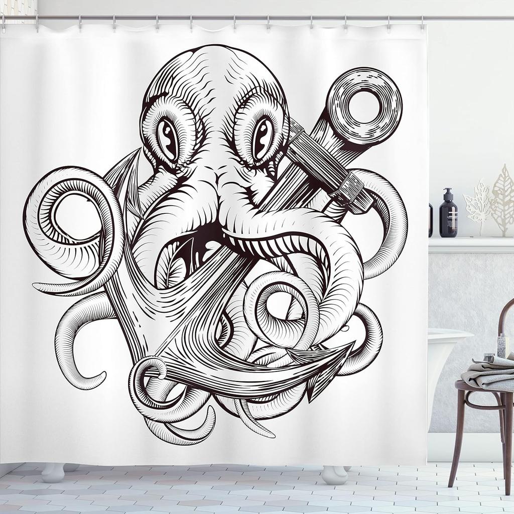 Halloween Shower Curtain, Spiders Hanging From Their Traps Horror Inspired Design Grayscale Cartoon, Cloth Fabric Bathroom Decor