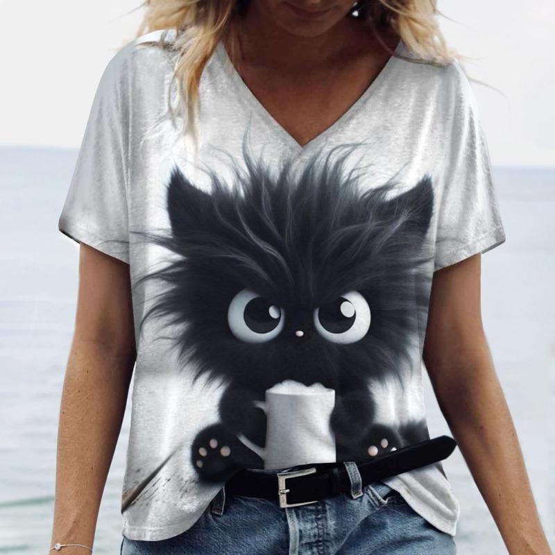 Cute Kitten Women's T-Shirts V-Neck Short Sleeve Harajuku Summer Woman Fashions Tops Loose Casual Clothing Shirts