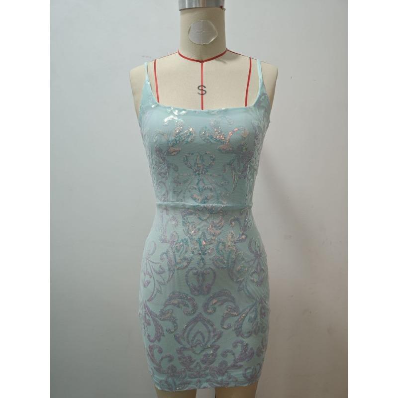 Damen Sexy Pailletten Spaghettiträger Bodycon Slim Fit Mini Abendkleid