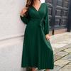 Cross V-neck Lantern Long Sleeve Waist Strap A-Line Autumn Dress Simple Pure Color