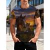 Summer Plus Men's Casual T-shirt Fashionable Blue Cat 3D Printed Sports Short Sleeved Round Neck Tops