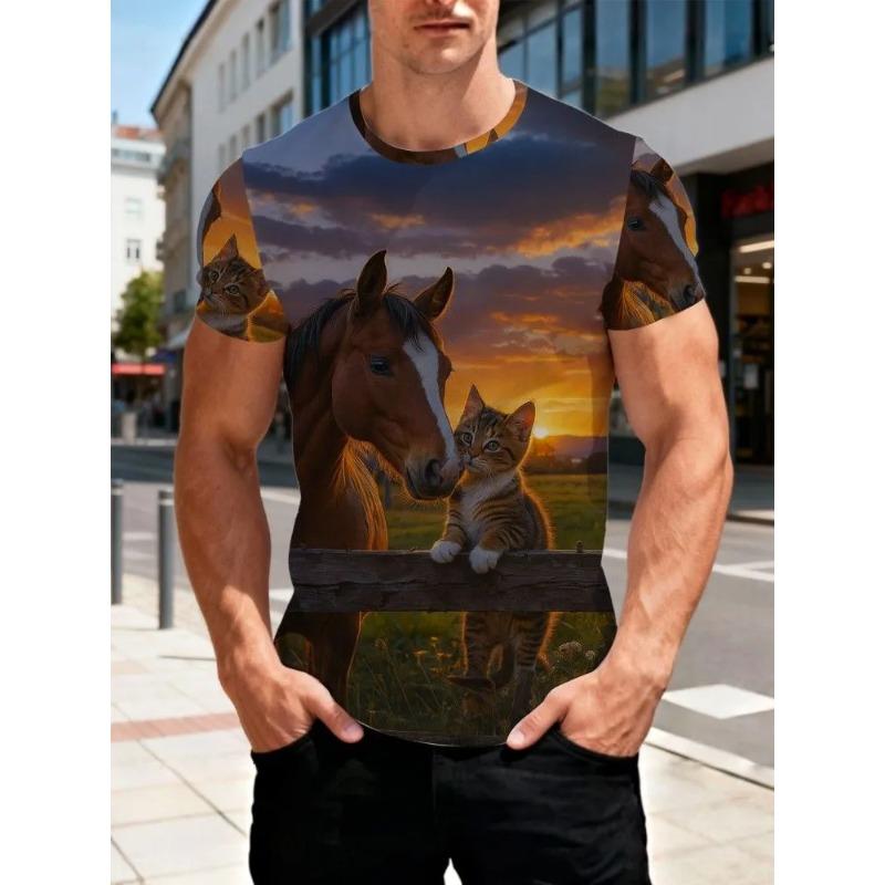 Summer Plus Men's Casual T-shirt Fashionable Blue Cat 3D Printed Sports Short Sleeved Round Neck Tops