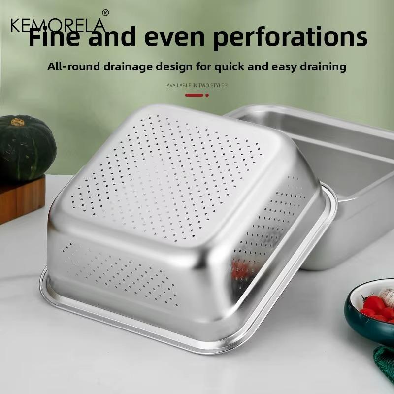 Multifunktionell Köksvask i Rostfritt Stål Durkslag Fyrkantig Bassäng för Att Tvätta Ris Dränera Grönsaker & Blötlägga Frukt 2-i-1