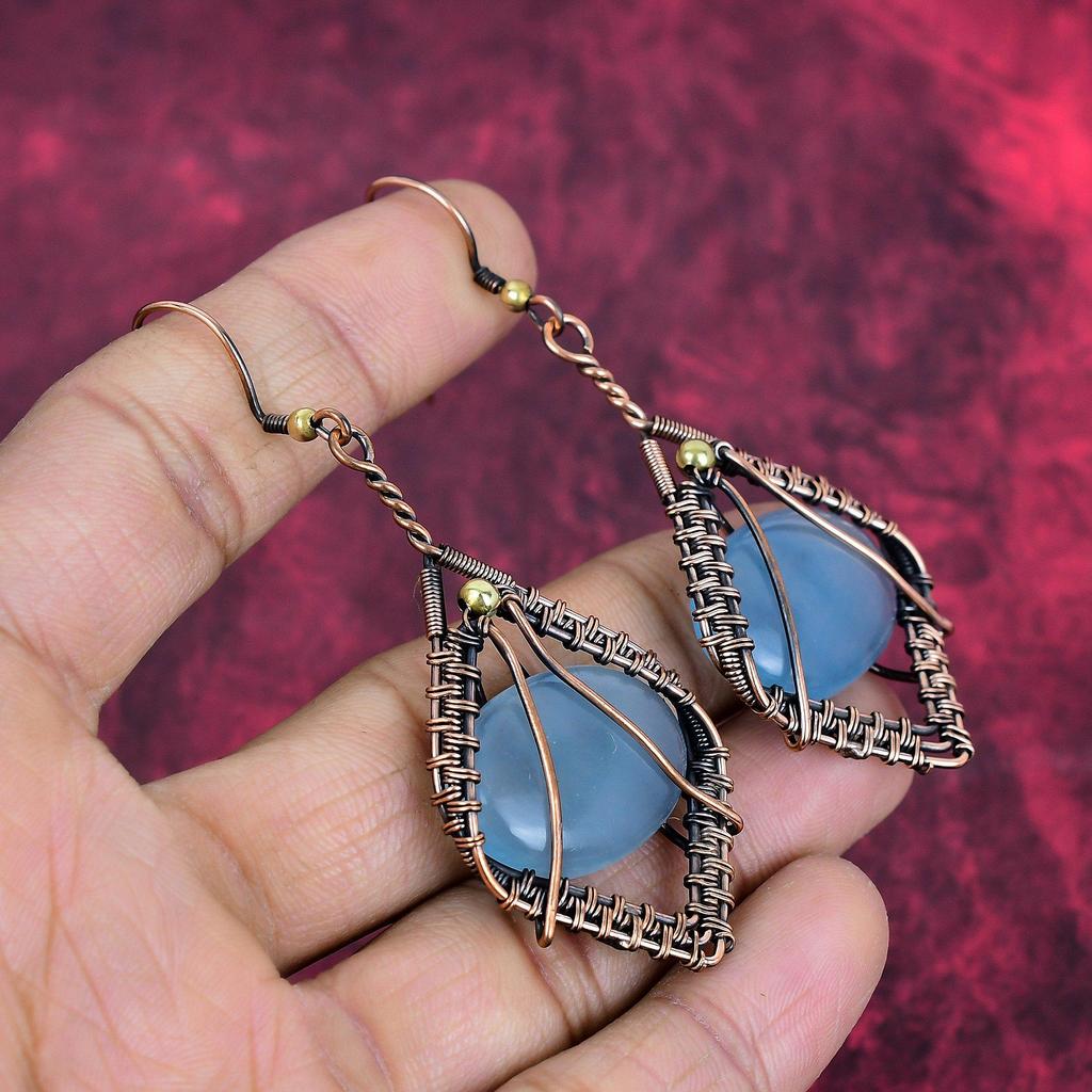 Aquamarine earrings copper wire wrapped earring handmade copper jewelry natural gemstone earrings gifts for wife wire jewelry dangle earring