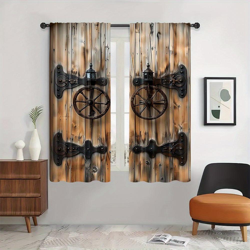 2 Unit Semi Blackout Curtain Wooden Door Print Design Pocket for Rod Curtains Machine Washable for Bed Room Living Area Home Decoration Windows