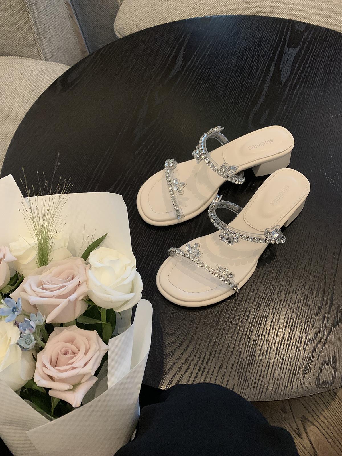 

Grape mother studiolee flash diamond exquisite fairy wind word with rhinestone open toe height thick heel cool slippers woman 40