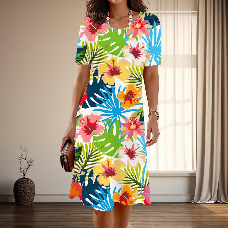 Damenmode Anmutiger Blumendruck Sommer Frühling Kurzarm O-Ausschnitt Freizeitkleider