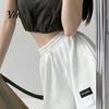 Loose Bottoms High-Waist Elastic Waistband Pockets Waffle Texture Women Shorts Fitness Wide Leg High Waist Sports Streetwear