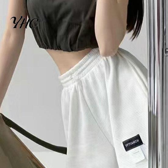 Loose Bottoms High-Waist Elastic Waistband Pockets Waffle Texture Women Shorts Fitness Wide Leg High Waist Sports Streetwear