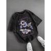 Vintage Gothic Rabe Print T-Shirt Unisex Gewaschenes Schwarz Rundhalsausschnitt Oversized Tee Y2K Streetwear Kurzarm für den täglichen Gebrauch