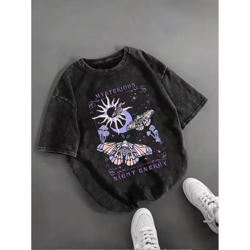 Vintage Gothic Rabe Print T-Shirt Unisex Gewaschenes Schwarz Rundhalsausschnitt Oversized Tee Y2K Streetwear Kurzarm für den täglichen Gebrauch