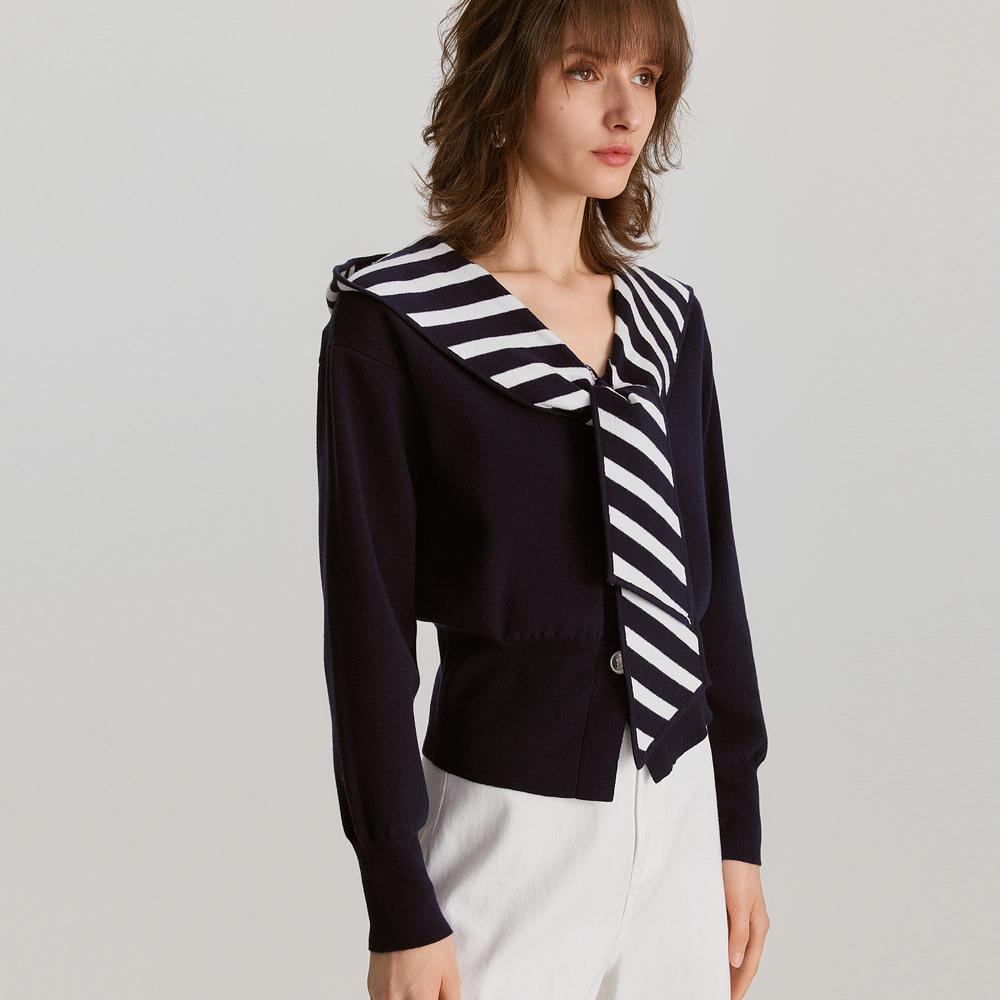 ELLE Striped Pattern Pullover Long Sleeve Sweater Women sweater Navy-Blue EM47070