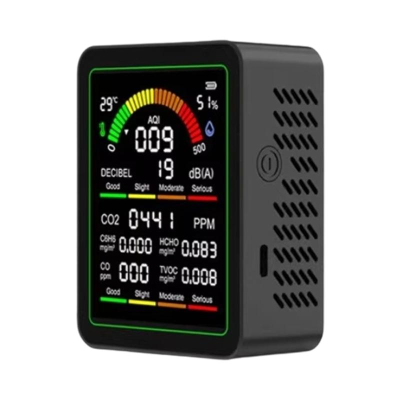 

Multifunctional Air Detectors Measuring CO CO2 C6H6 Formaldehyde TVOC Temperature Humidity And Noise Level чорний