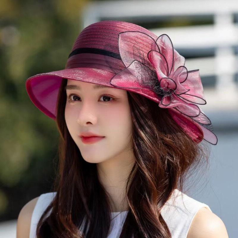 Pălărie de soare din organza elegantă pentru femei cu accente florale - Căciulă de soare respirabilă, cu protecție UV pentru călătorii în aer liber, vară, pentru femei, elegantă, pălărie de soare