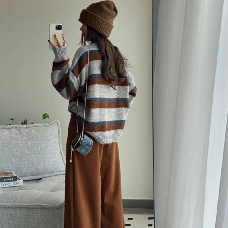 Korean Version Loose Lazy Style Casual Vintage Color Block Stripe Knitted Cardigan Sweater Women's Top Coat