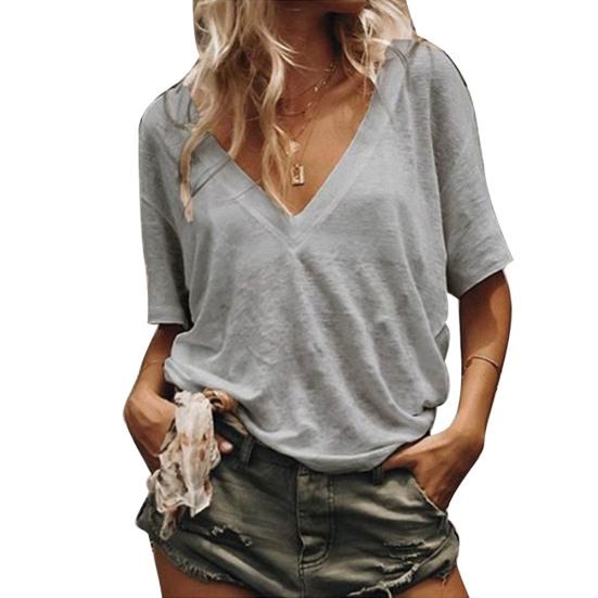 Летняя женская футболка большого размера однотонная с V-образным вырезом и коротким рукавом свободная базовая L серый