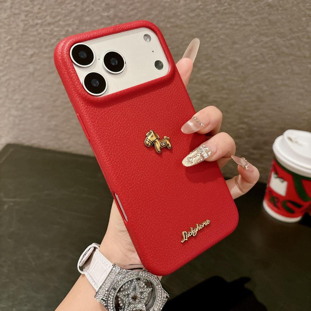 Apple iPhone 17 Promax Gold Little Horse Case, 16 Pro Leather Texture, 14 Soft Case, iPhone 15 Large Hole Cover