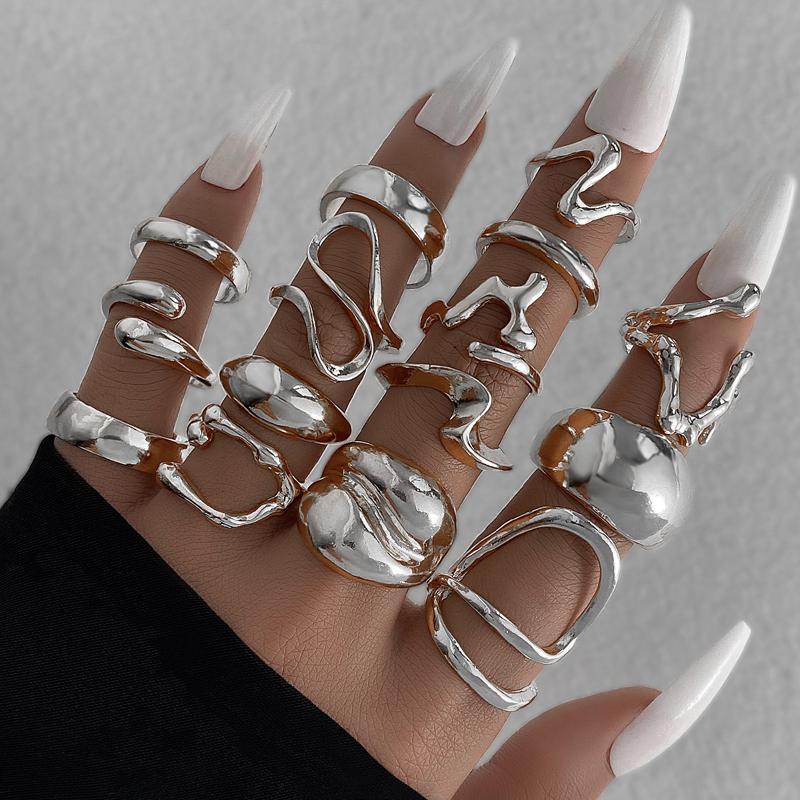 

15Pcs/Set Exaggerated Metal Lava Irregular Rings Set for Women Personality Water Drop Smooth Layered Ring Gothic Party Zircon медный