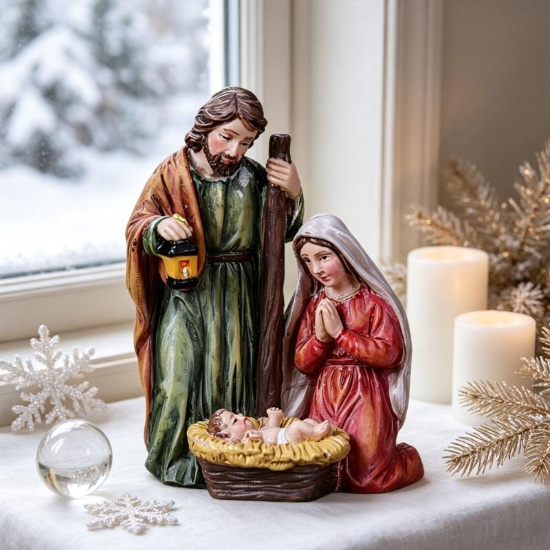 Tabletop Christmas Nativity Scene Decors, Hand-Painted Resin Holy Family Figurine for Christian Religious Mantels Shelf Church Holiday Display