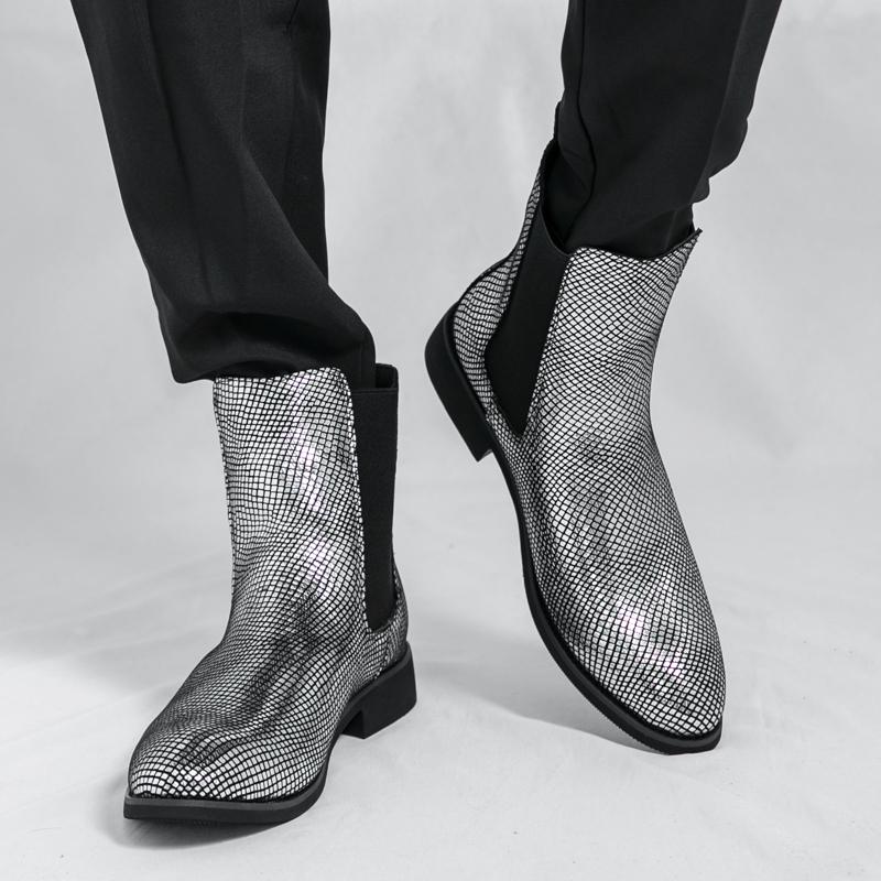 Projektant Nowość Moda Zimowa Botki Chelsea Męskie Szpiczaste Złote Srebrne Buty Casual High Tops Zapatos Hombre