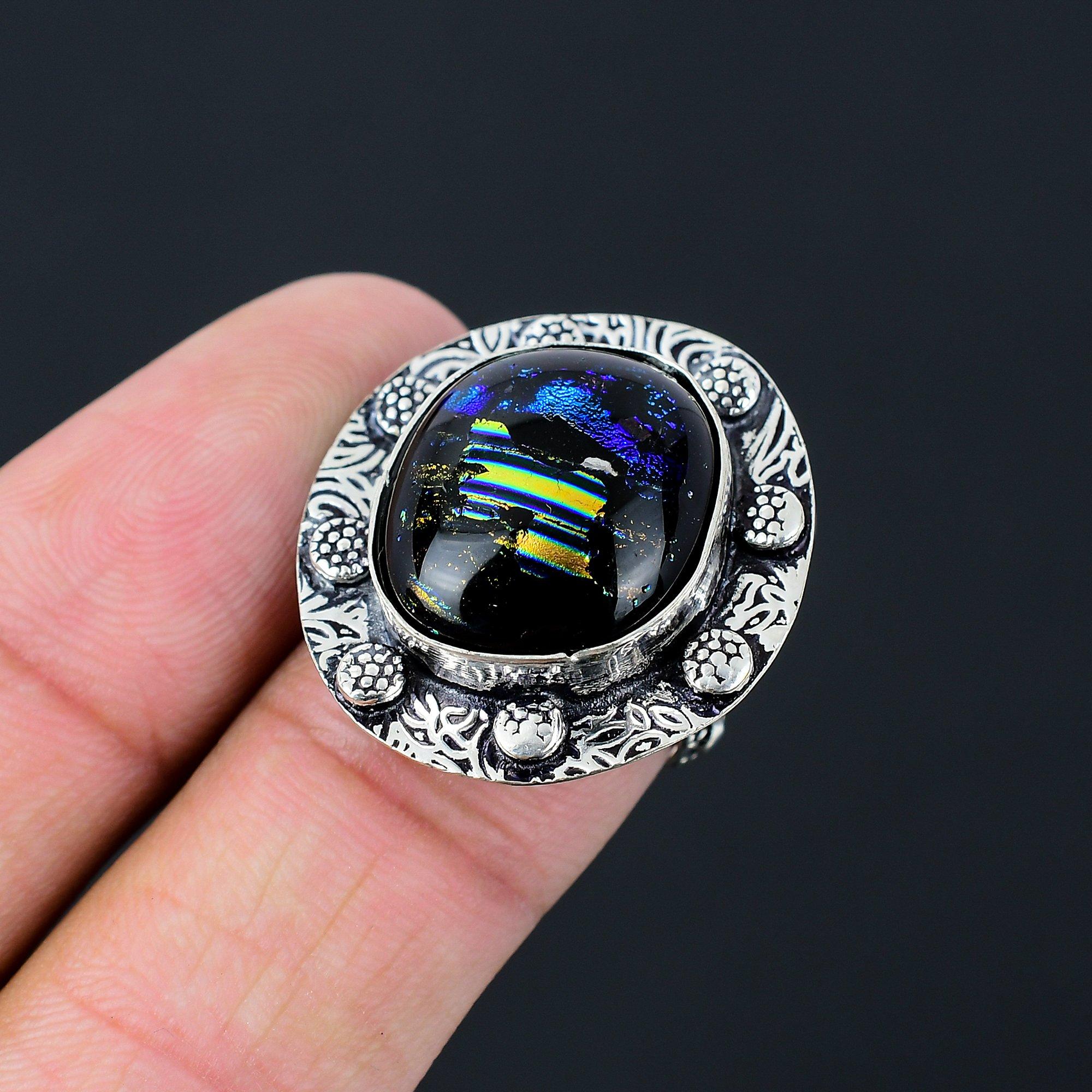

925 Sterling Silver American Dichroic Glass Stone Promise Artisan Ring Size 7 7