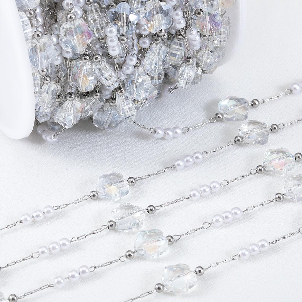 0.5M 1M PVD Plated Stainless Steel Chain Crystal Flowers Shape ABS Pearl Beaded Chains for Women DIY Handmade Necklaces Bracelet