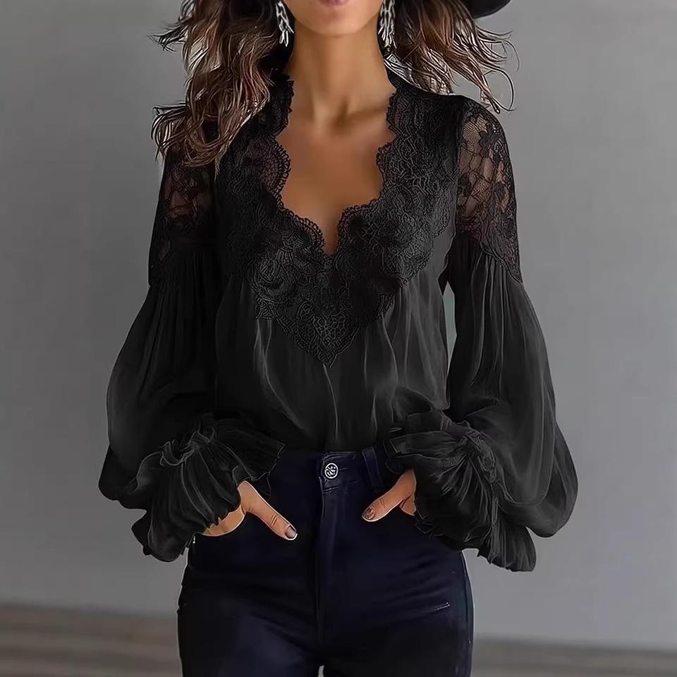 European & American Women's Lace Puff Sleeve Pleated Shirt