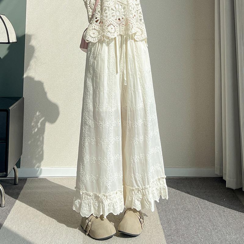Korean Lace Embroidered High-Waist Wide-Leg Pants - Summer 2026 Women s Casual Nine-Point Design 2XL