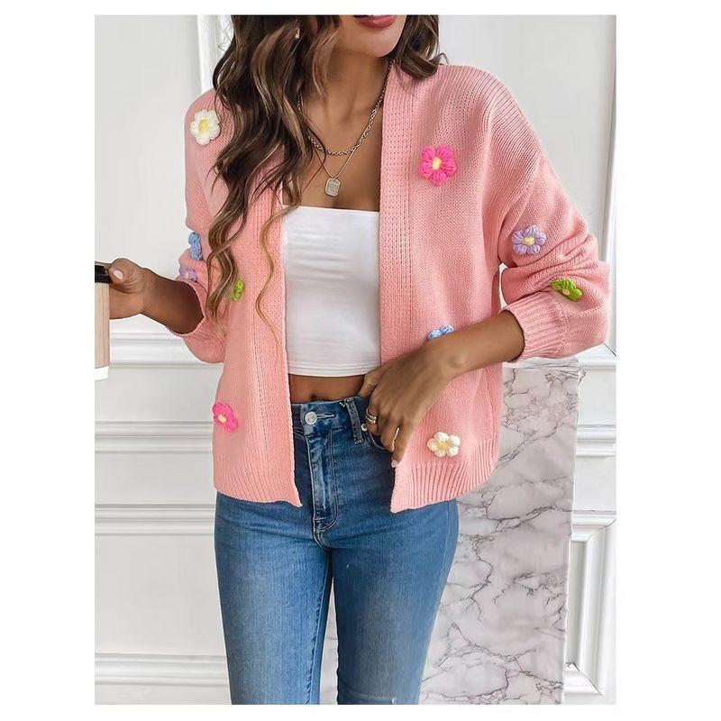 

Fashion Wind Hand Crocheting Flowers Sweet Knitted Sweater Casual Loose Sweater Knitted Cardigan Sweater Pink XL