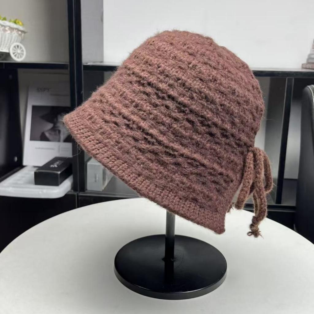 Back split bow shows small face Korean knitted bucket hat basin hat women's autumn and winter sweet warm ear protection bucket hat
