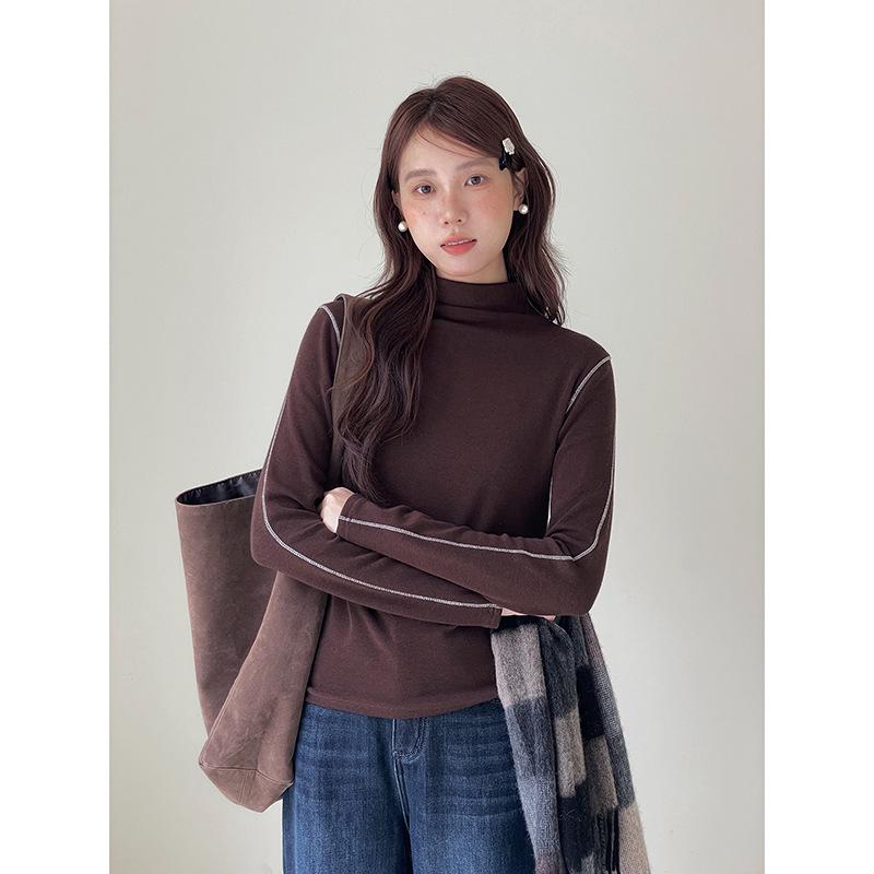 

Retro Maillard Women s Korean Style Contrast Stitching Half-High Collar Base Shirt N862C One Size (85-135)