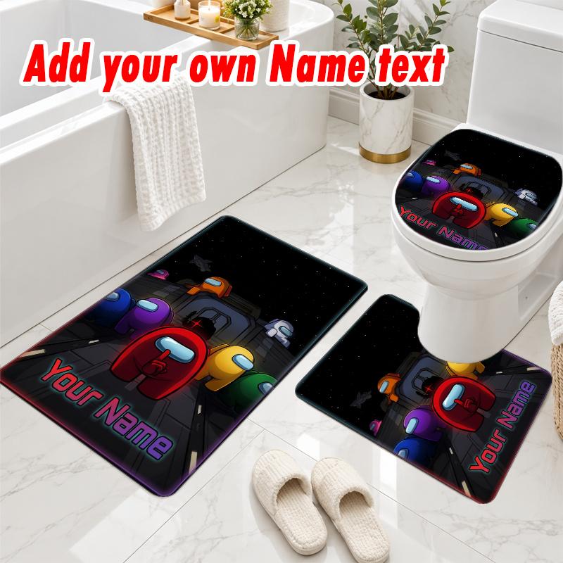 Personalized Among Us 3Pcs Flannel Toilet Mat Set Custom Text Bathroom Rug Non Slip