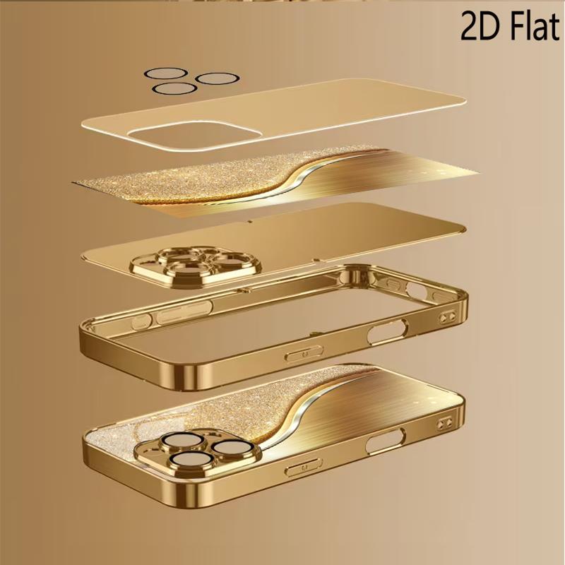 Gold Print Patterned Tempered Glass Design for iPhone16 17 Pro Max 15 14 13 12 11 ProMax Phone Case Camera Cover Shockproof H