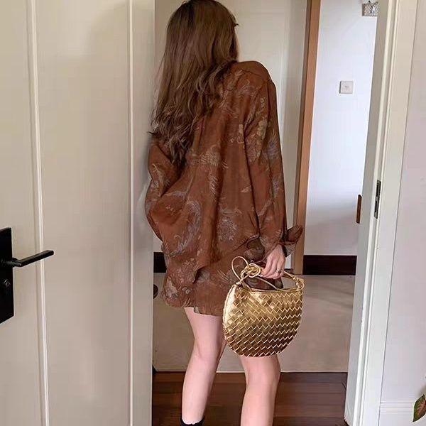 Elegant Women's Coffee Print Long Sleeve Shirt & Shorts Set, Spring-Summer 2025