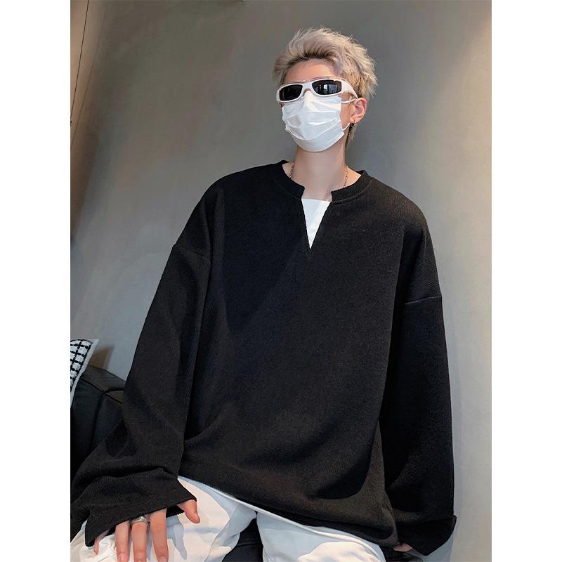 Zweiteiliges strukturiertes V-Ausschnitt-Sweatshirt für den Herbst, lässiges, trendiges Langarm-T-Shirt-Top für Herren