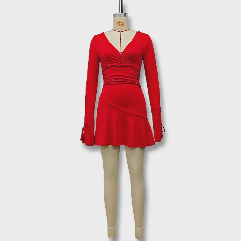 2024 European & American Deep V Long Sleeve Tie-Pleated Backless Dress