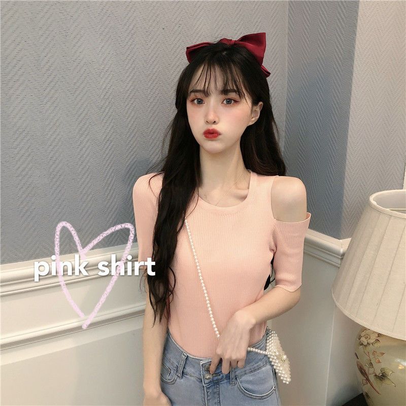 

Летний корейский тонкий вязаный свитер женский с короткими рукавами и круглым вырезом, облегающая базовая рубашка с открытыми плечами, модный топ S