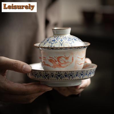 170ml Imitazione Forno Song Ru Gaiwan Elegante Apsara di Dunhuang Tazza da Tè con Coperchio per Preparare il Tè Forniture per Cerimonia del Tè Ornamenti