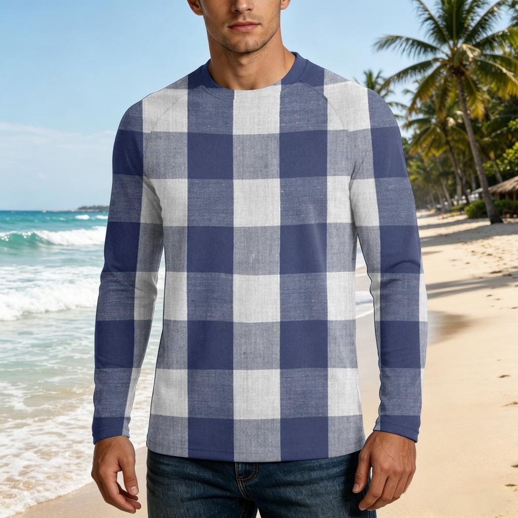 Men Long Sleeve UPF 50 Plus Sun Protection Shirt Outdoor Sports Fishing Casual Top Lightweight Breathable Quick Dry Crewneck Plaid Design