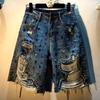 Damen High Waist Denim Bermuda Shorts Locker Geschnitten Strass Perlen Used Ausgefranste Jeansshorts