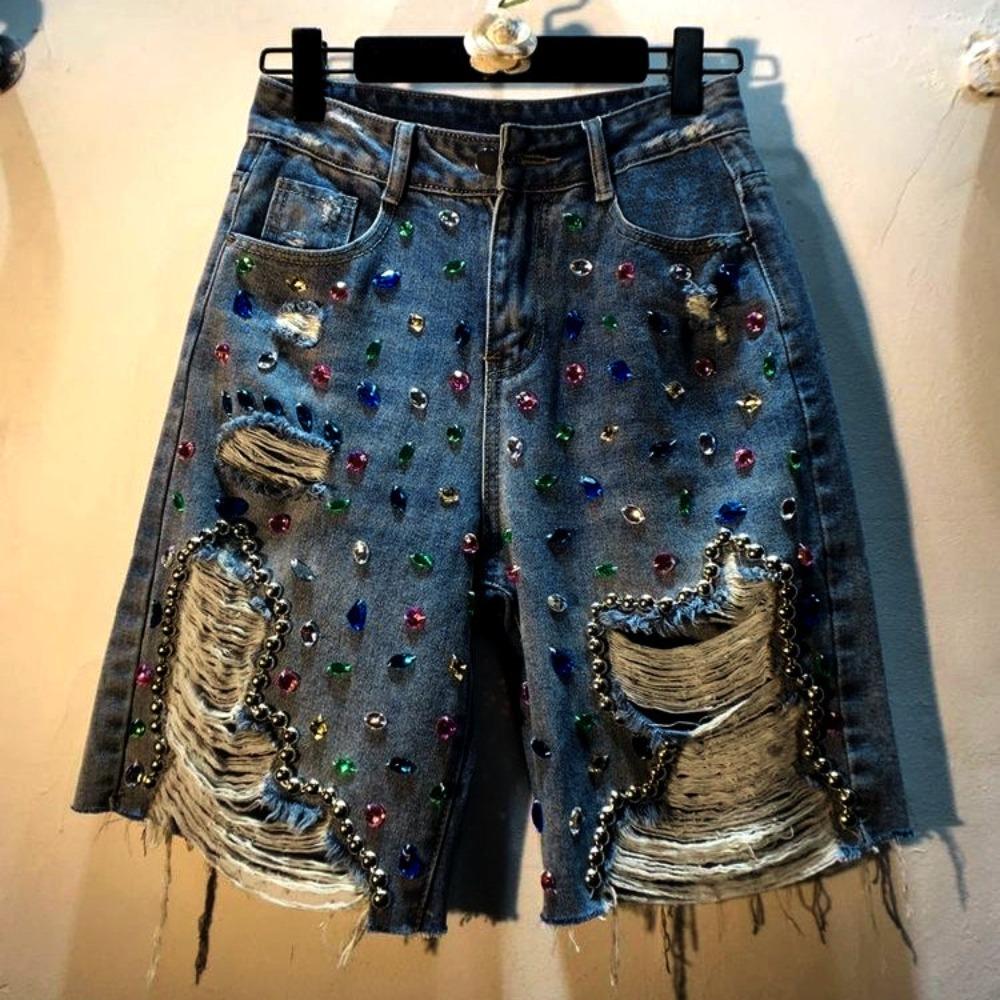 Damen High Waist Denim Bermuda Shorts Locker Geschnitten Strass Perlen Used Ausgefranste Jeansshorts