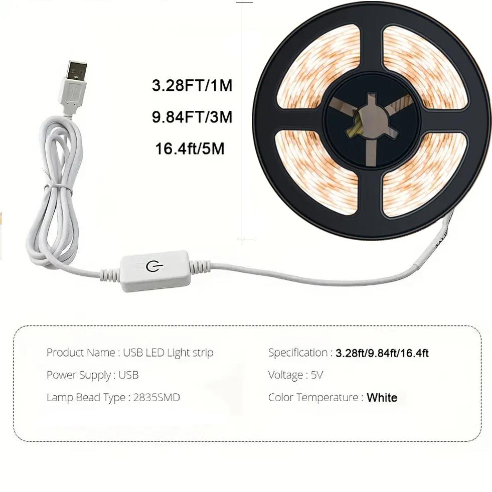 5V LED Lights Strip 2835 Touch Switch Dimmer USB LED Tape Ribbon Flexible DIY Backlight Mirror Christmas Cabinet Room Decor Gift