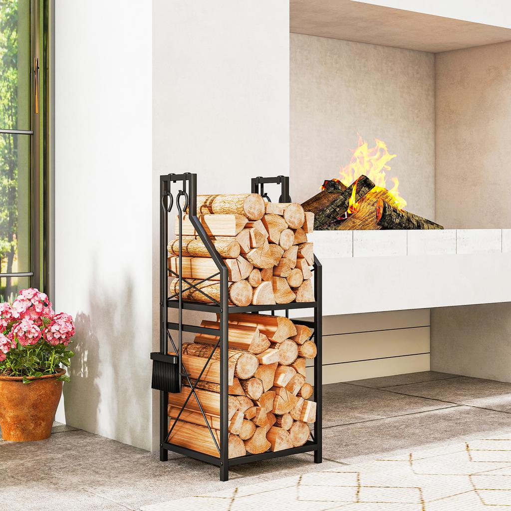 Metal Fireplace Firewood Rack, 2-Level Firewood Holder with 4 Tools Hooks, 34x30x80 Cm, Black