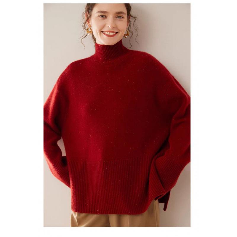 New split-ended loose-knit pullover solid-color turtleneck loose autumn and winter women's sweater