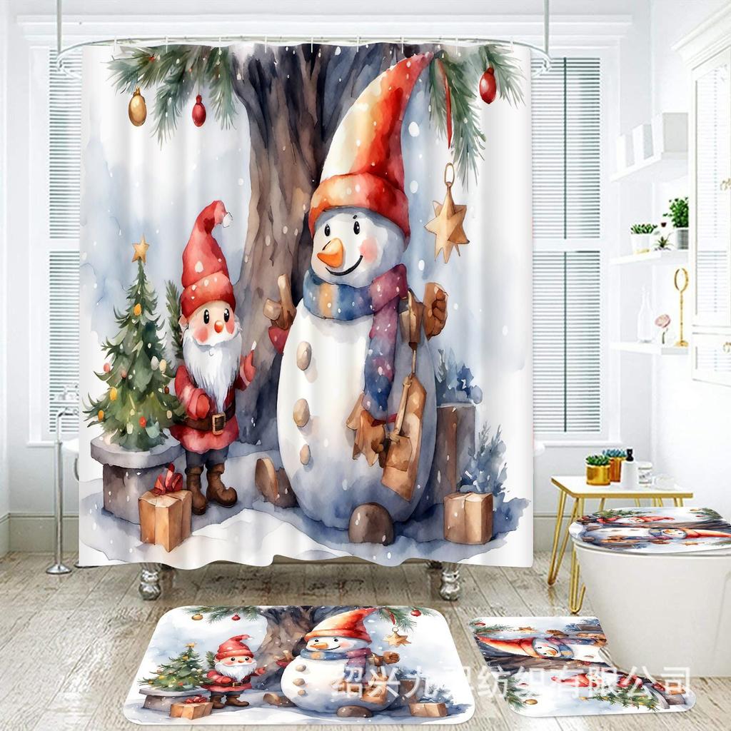 Christmas Shower Curtain Bath Tent Bathroom Polyester Door Curtain Curtain Partition Curtain Toilet Seat Four-Piece Set