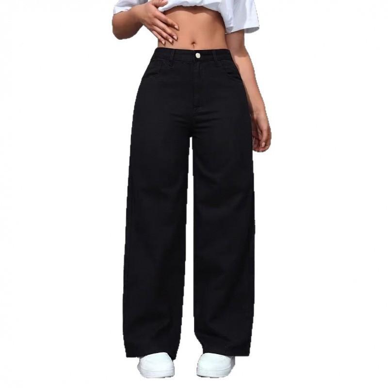 Damen Weiter Bein Gerader Schnitt Jeans Hohe Taille Lockere Passform Schlankmachende Lange Hose Baumwollmischung