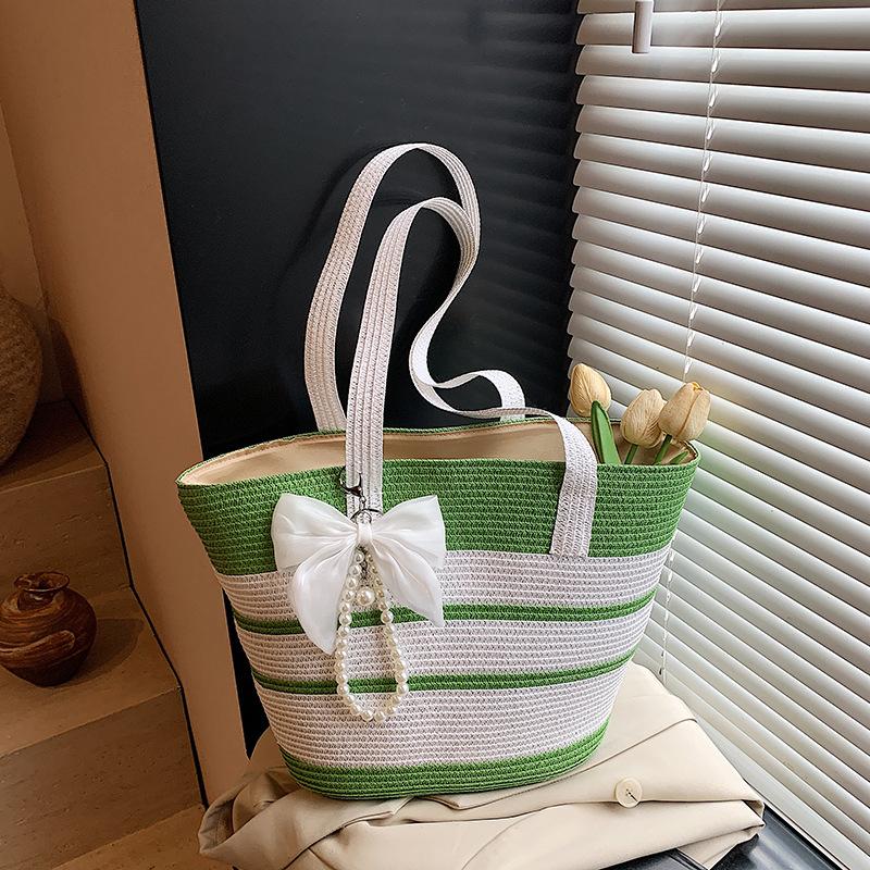 Striped large-capacity straw bag women's new summer woven shoulder bag seaside vacation beach bag