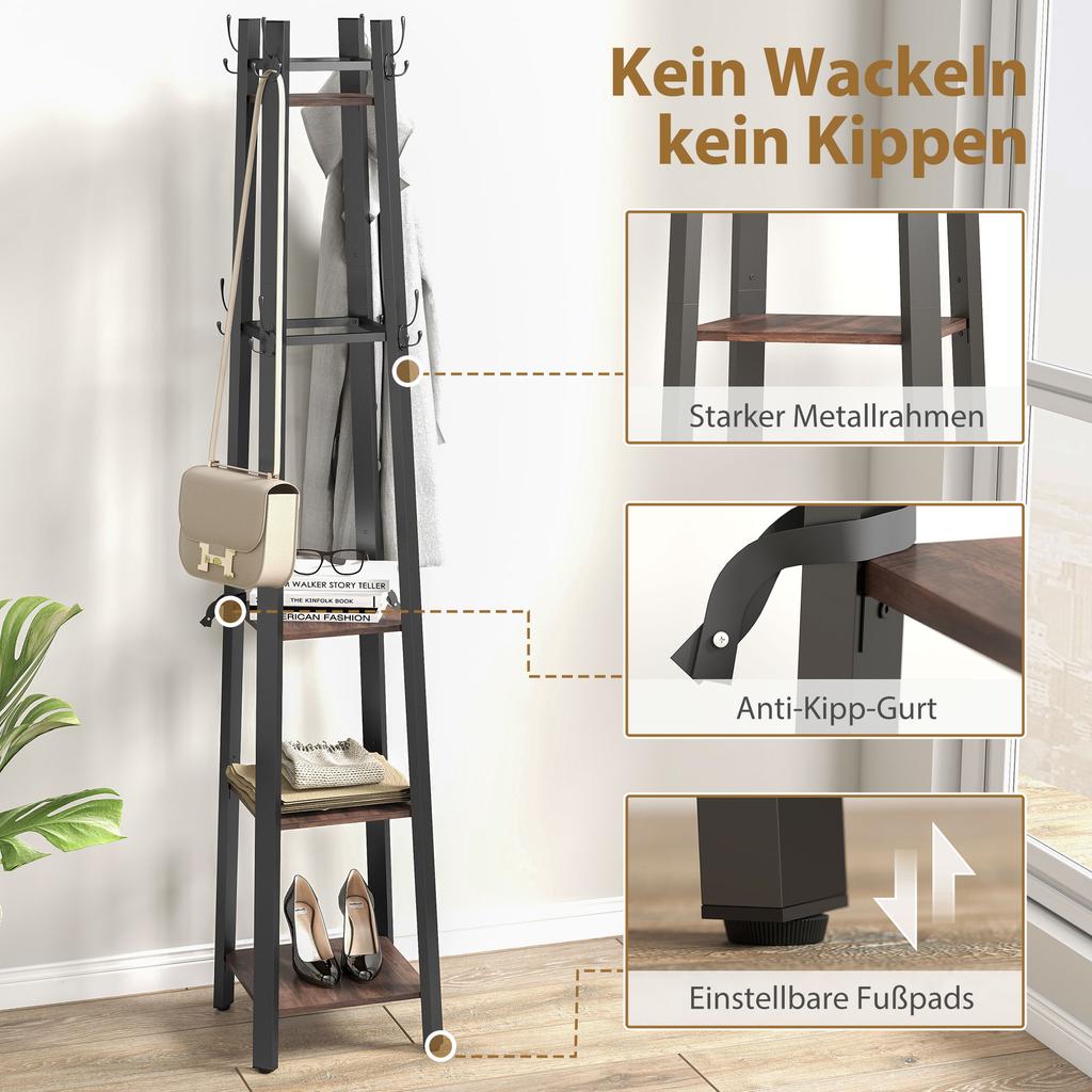 Coat Rack with 4 Levels, Free-Standing Clothes Stand, 8 Hooks, 4 Shelves, Industrial Style, Metal, Chipboard, Brown