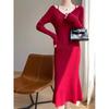 2025 Autumn/Winter Elegant Slim-Fit V-Neck Wool Knit Dress