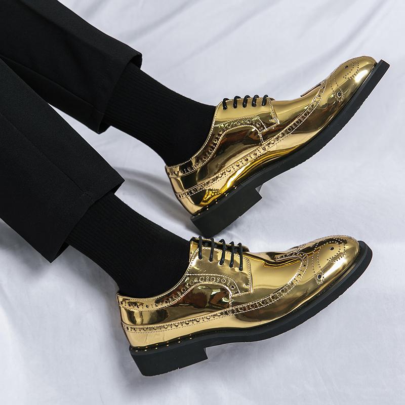 New In Gold Brogue Shoes for Men Wedding Lace-up Spring Autumn Size 38-46 Handmade Men Shoes  Men Dress Shoes